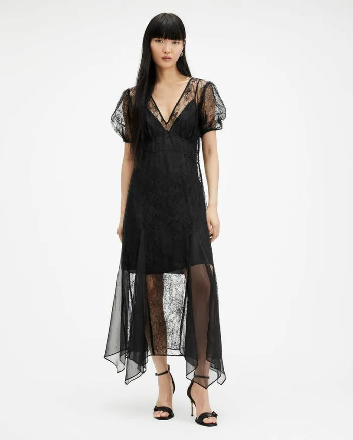 Rayna VNeck Lace Maxi Dress Black Women AllSaints Dresses