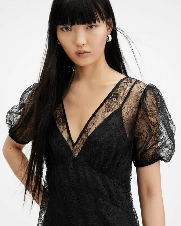 Rayna VNeck Lace Maxi Dress Black Women AllSaints Dresses