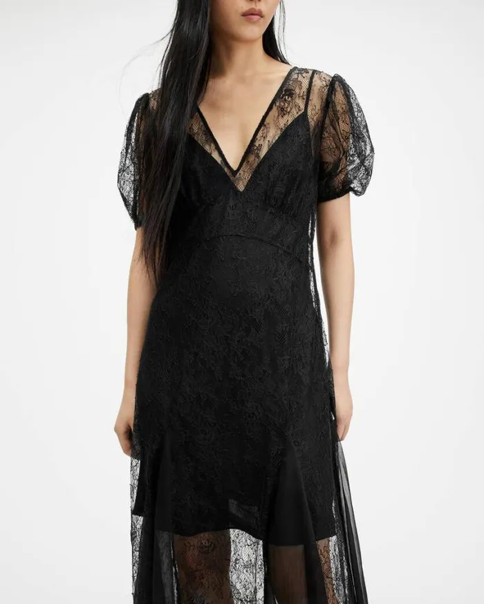 Rayna VNeck Lace Maxi Dress Black Women AllSaints Dresses