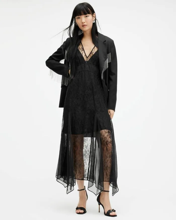 Rayna VNeck Lace Maxi Dress Black Women AllSaints Dresses