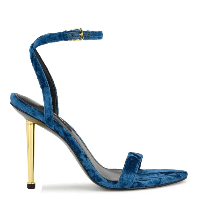 Reina Ankle Strap Sandals Medium Blue Velvet Women Nine West Heeled