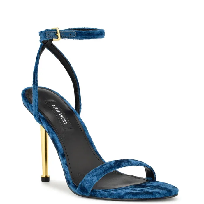 Reina Ankle Strap Sandals Medium Blue Velvet Women Nine West Heeled Reina Ankle Strap Sandals Medium Blue Velvet Women Nine West Heeled
