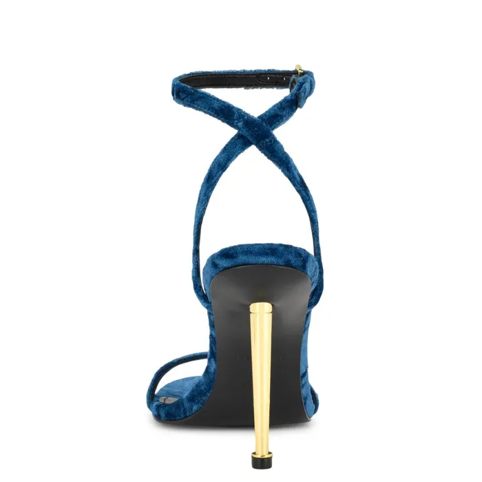 Reina Ankle Strap Sandals Medium Blue Velvet Women Nine West Heeled Reina Ankle Strap Sandals Medium Blue Velvet Women Nine West Heeled