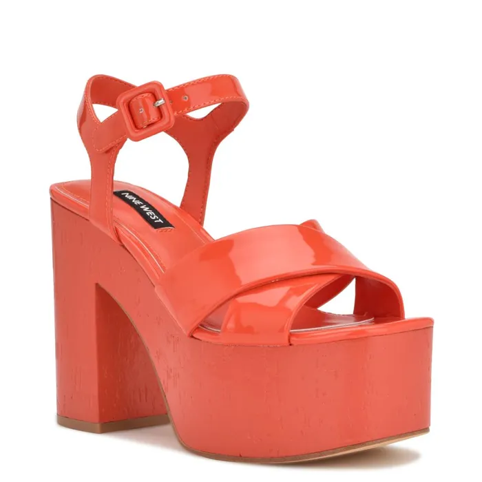 Rilay Platform Sandals Orange Patent Women Nine West Dress Rilay Platform Sandals Orange Patent Women Nine West Dress