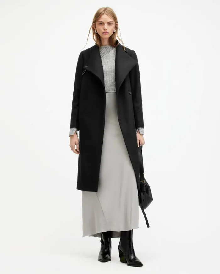 Riley Wrap Around Belted Long Line Coat Black Women AllSaints Jackets and Coats