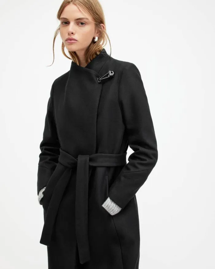 Riley Wrap Around Belted Long Line Coat Black Women AllSaints Jackets and Coats Riley Wrap Around Belted Long Line Coat Black Women AllSaints Jackets and Coats