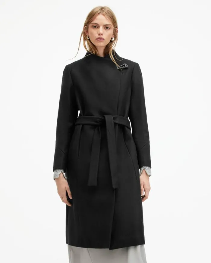 Riley Wrap Around Belted Long Line Coat Black Women AllSaints Jackets and Coats Riley Wrap Around Belted Long Line Coat Black Women AllSaints Jackets and Coats
