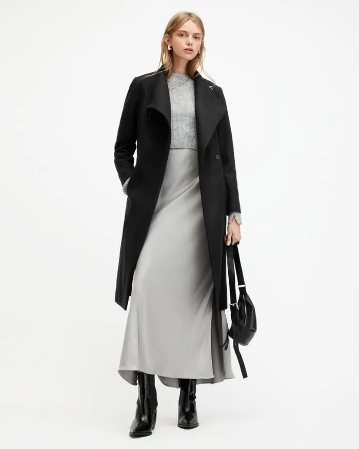 Riley Wrap Around Belted Long Line Coat Black Women AllSaints Jackets and Coats Riley Wrap Around Belted Long Line Coat Black Women AllSaints Jackets and Coats