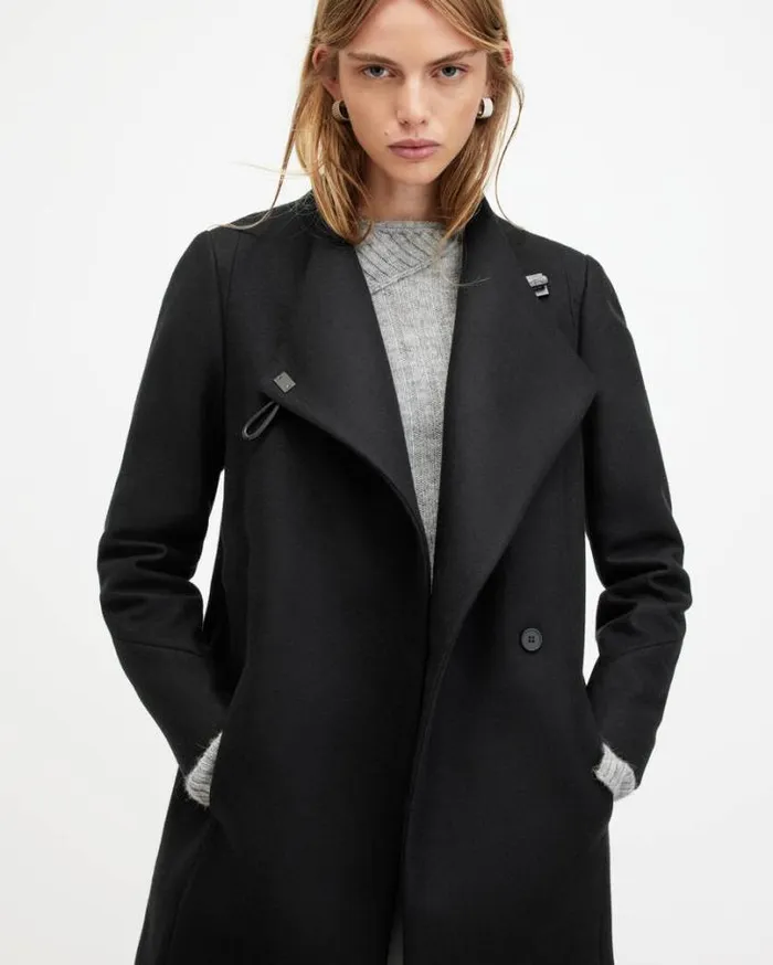 Riley Wrap Around Belted Long Line Coat Black Women AllSaints Jackets and Coats Riley Wrap Around Belted Long Line Coat Black Women AllSaints Jackets and Coats