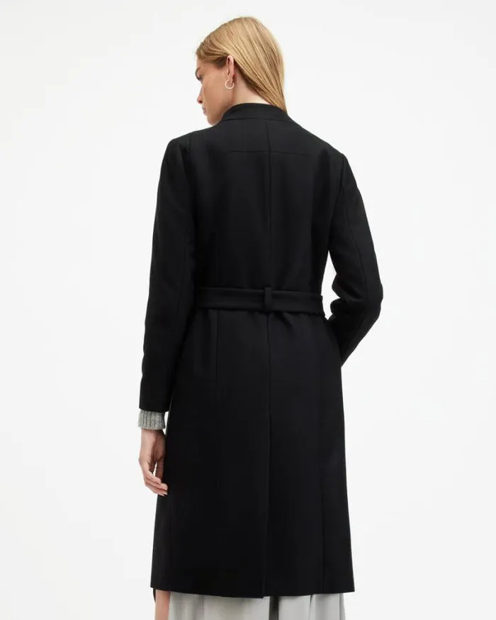 Riley Wrap Around Belted Long Line Coat Black Women AllSaints Jackets and Coats Riley Wrap Around Belted Long Line Coat Black Women AllSaints Jackets and Coats