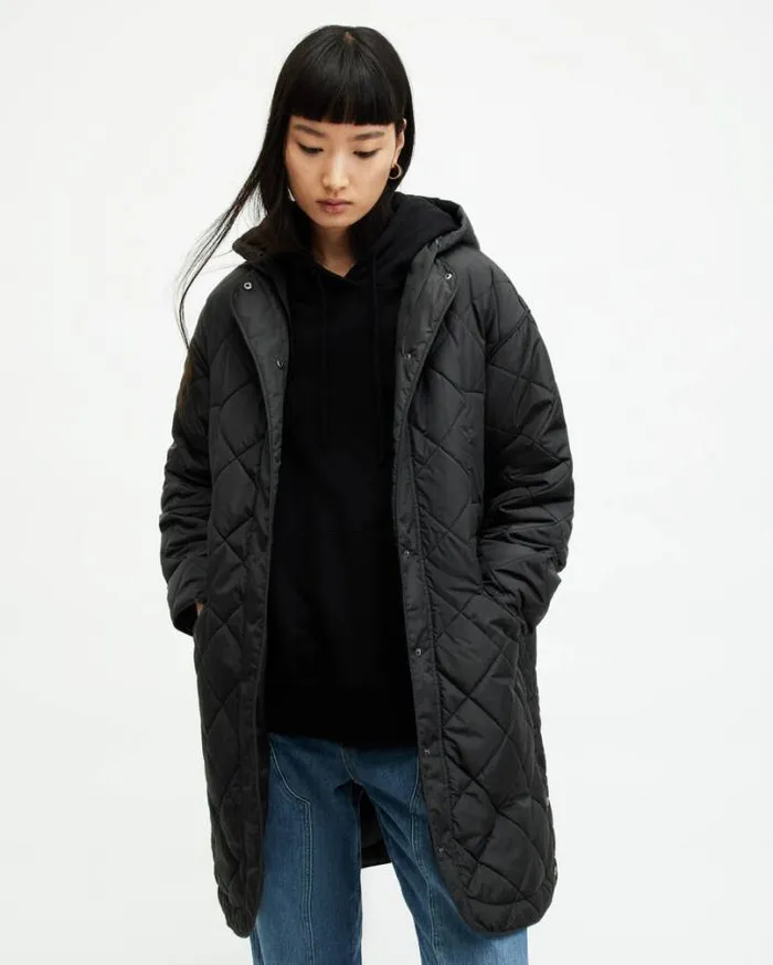 Rina Quilted Relaxed Fit Liner Coat Black Women AllSaints Jackets and Coats