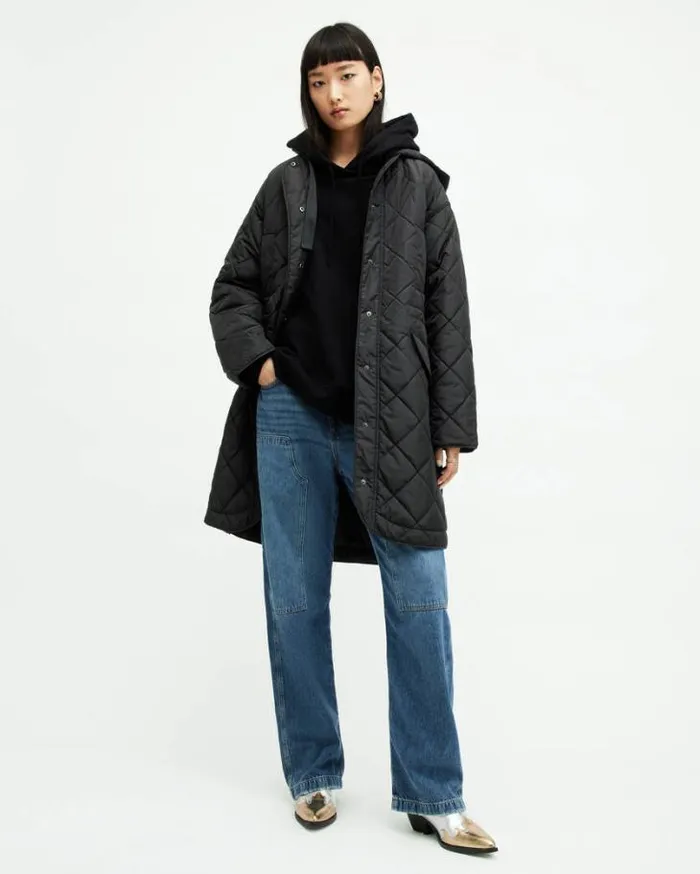 Rina Quilted Relaxed Fit Liner Coat Black Women AllSaints Jackets and Coats