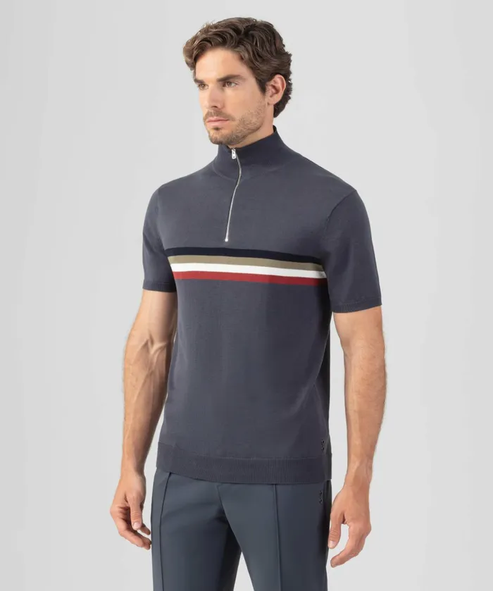 Ron Dorff CottonSilk Polo W Chest Stripes Lava Grey Men Polo Shirts