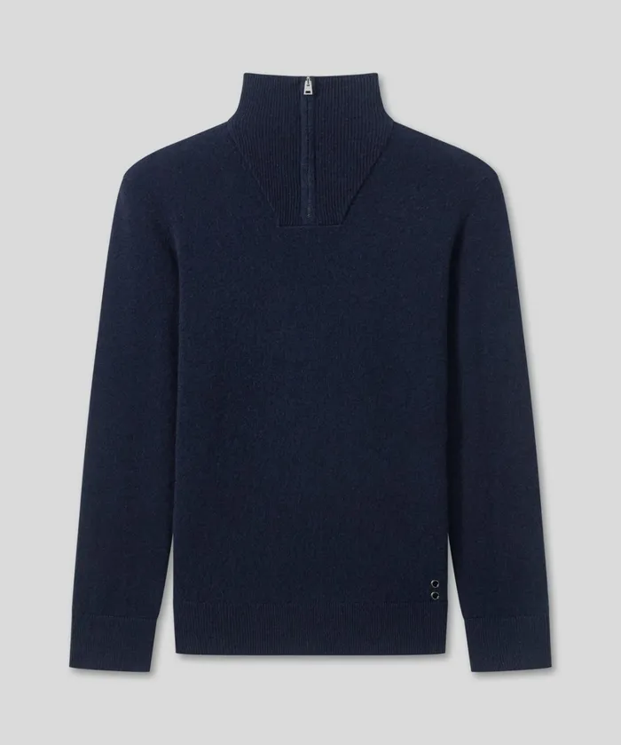 Ron Dorff Wool Cashmere Sweater W Front Chest Zip Navy Men Cashmere and Knitwear Tops