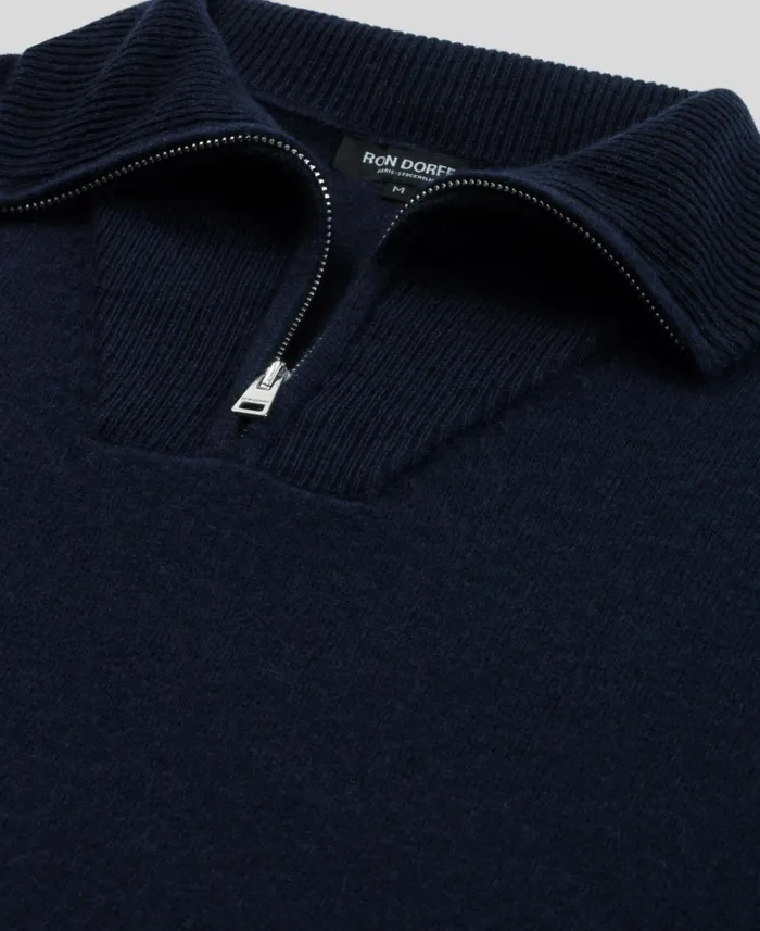 Ron Dorff Wool Cashmere Sweater W Front Chest Zip Navy Men Cashmere and Knitwear Tops