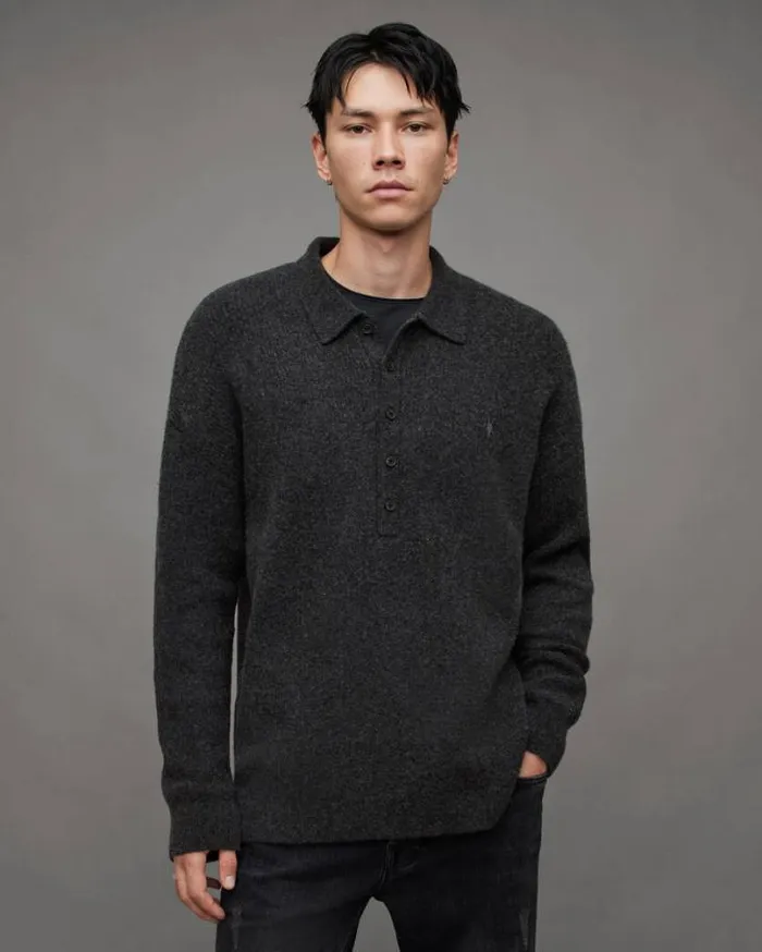 Shapley Long Sleeve Polo Neck Sweater Cinder Black Marl Men AllSaints Sweaters