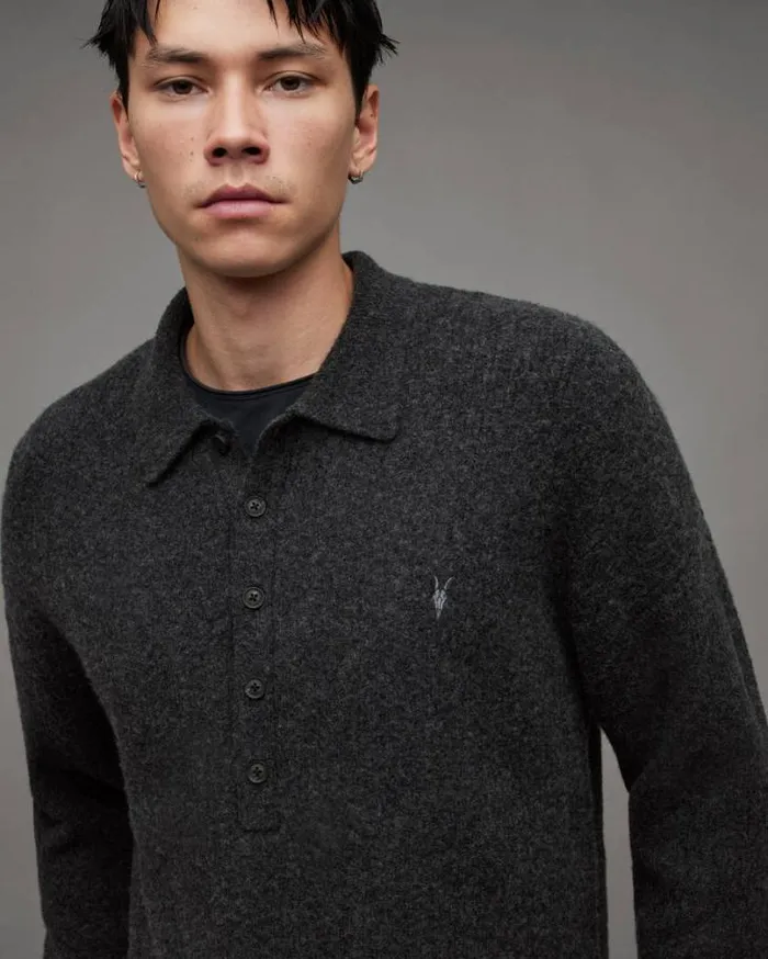 Shapley Long Sleeve Polo Neck Sweater Cinder Black Marl Men AllSaints Sweaters