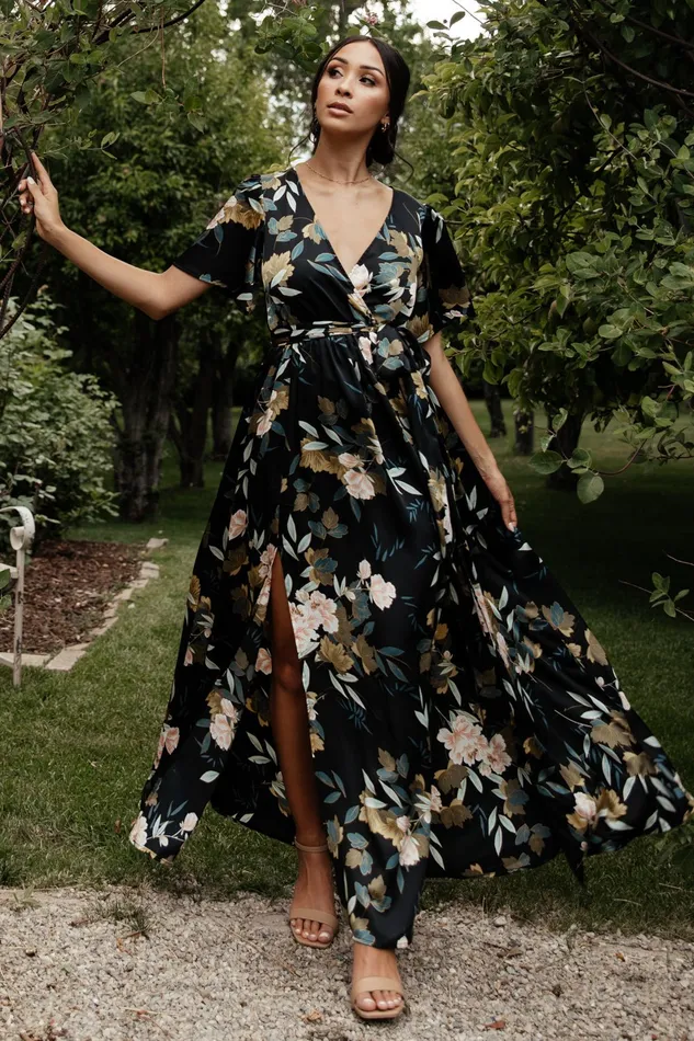 Sicily Satin Maxi Dress Black Floral Women Baltic Born Mother Of The Bride