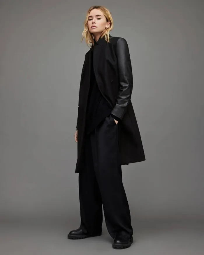 Sidney Leather Sleeve Cashmere Mix Coat Black Women AllSaints Jackets and Coats
