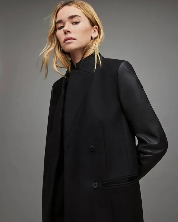 Sidney Leather Sleeve Cashmere Mix Coat Black Women AllSaints Jackets and Coats Sidney Leather Sleeve Cashmere Mix Coat Black Women AllSaints Jackets and Coats