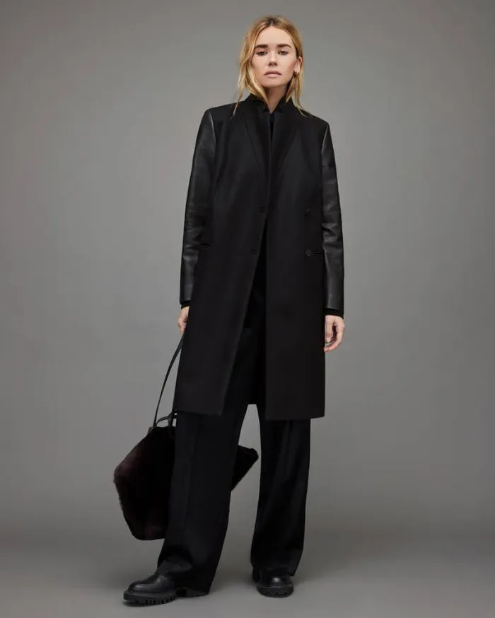 Sidney Leather Sleeve Cashmere Mix Coat Black Women AllSaints Jackets and Coats Sidney Leather Sleeve Cashmere Mix Coat Black Women AllSaints Jackets and Coats