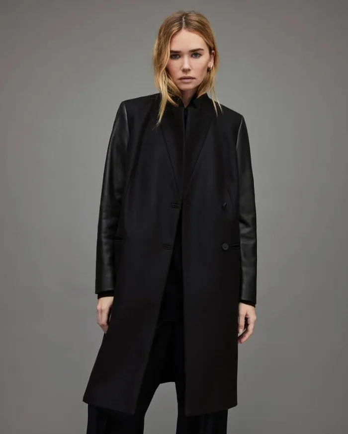 Sidney Leather Sleeve Cashmere Mix Coat Black Women AllSaints Jackets and Coats Sidney Leather Sleeve Cashmere Mix Coat Black Women AllSaints Jackets and Coats