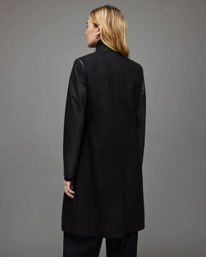 Sidney Leather Sleeve Cashmere Mix Coat Black Women AllSaints Jackets and Coats Sidney Leather Sleeve Cashmere Mix Coat Black Women AllSaints Jackets and Coats