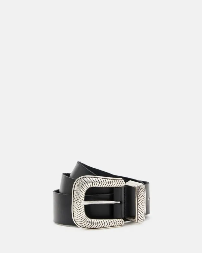 Skylar Western Buckle Leather Belt Blackantq Nickel Women AllSaints Leather Belts