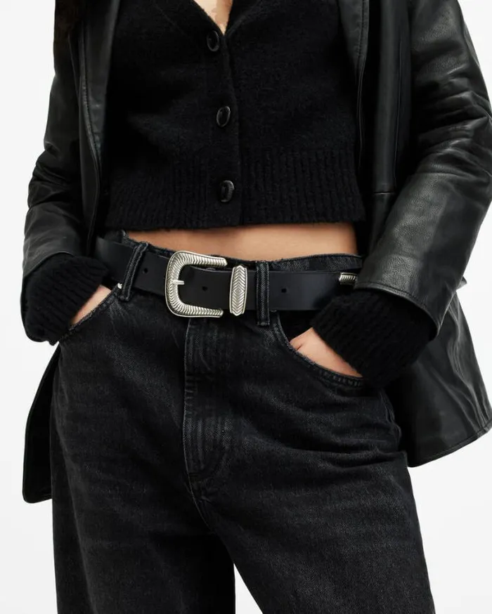 Skylar Western Buckle Leather Belt Blackantq Nickel Women AllSaints Leather Belts Skylar Western Buckle Leather Belt Blackantq Nickel Women AllSaints Leather Belts