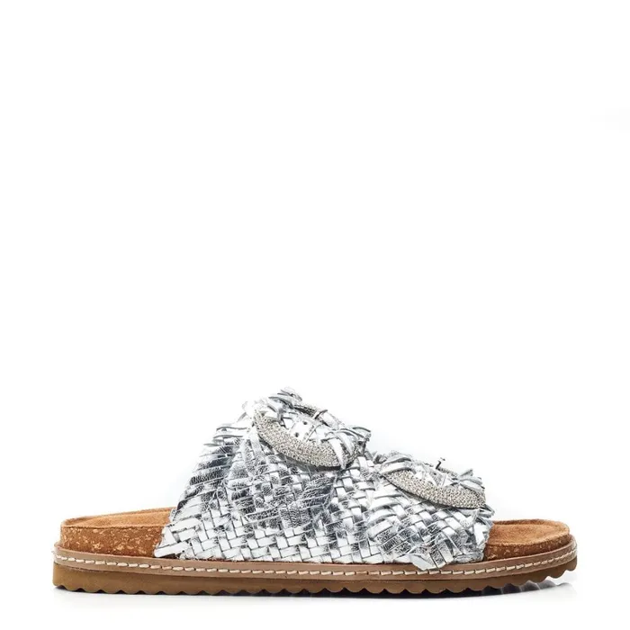 Slider Sandals Women Moda In Pelle Olisia Silver Leather