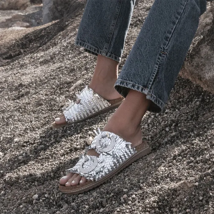 Slider Sandals Women Moda In Pelle Olisia Silver Leather
