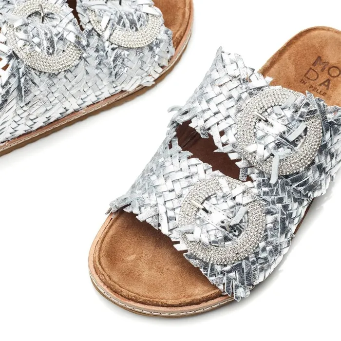 Slider Sandals Women Moda In Pelle Olisia Silver Leather