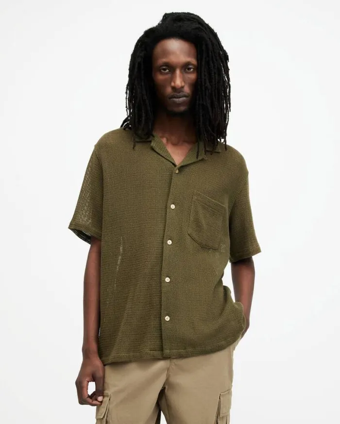 Sortie Textured Relaxed Fit Shirt Ash Khaki Green Men AllSaints Shirts