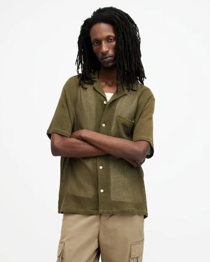 Sortie Textured Relaxed Fit Shirt Ash Khaki Green Men AllSaints Shirts