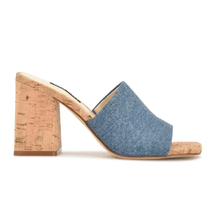 Teice Heeled Slide Sandals Blue Denim Women Nine West Sandals