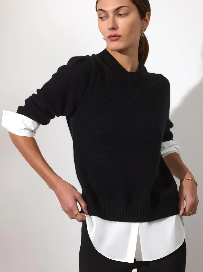 The Eton Layered Crew Looker Black Onyx With White Underlayer Women Brochu Walker Looker Sweaters