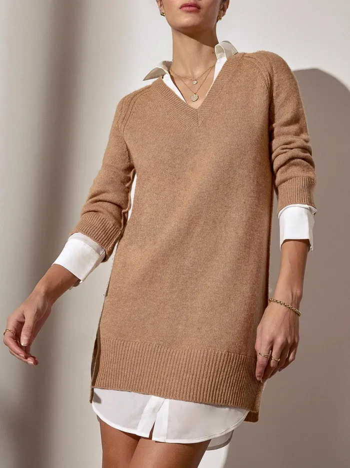 The Looker Layered VNeck Dress Camel Melange With White Underlayer Women Brochu Walker Looker Sweaters