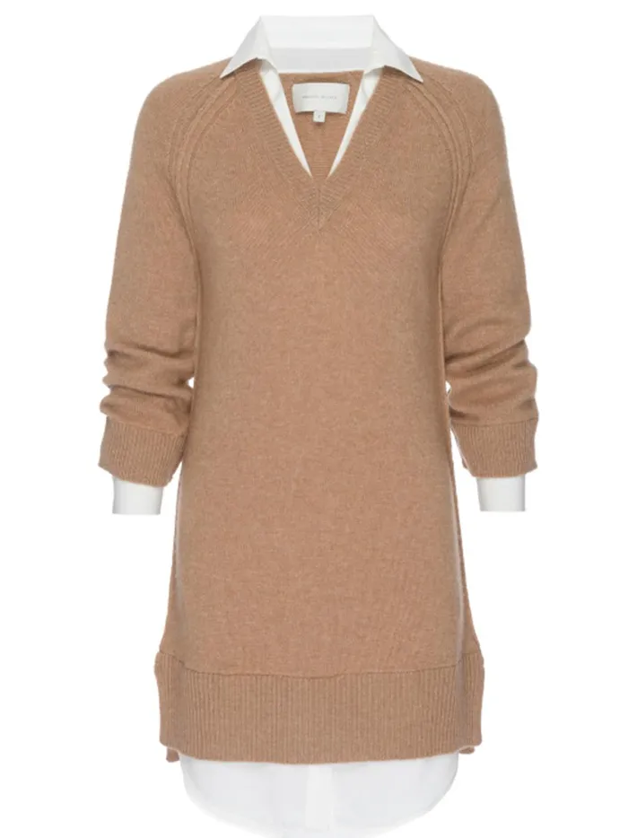 The Looker Layered VNeck Dress Camel Melange With White Underlayer Women Brochu Walker Looker Sweaters