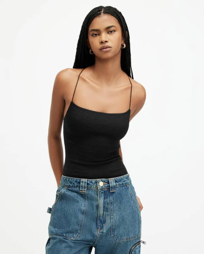 Tilly Shirred Square Neck Bodysuit Black Women AllSaints Tops and Shirts