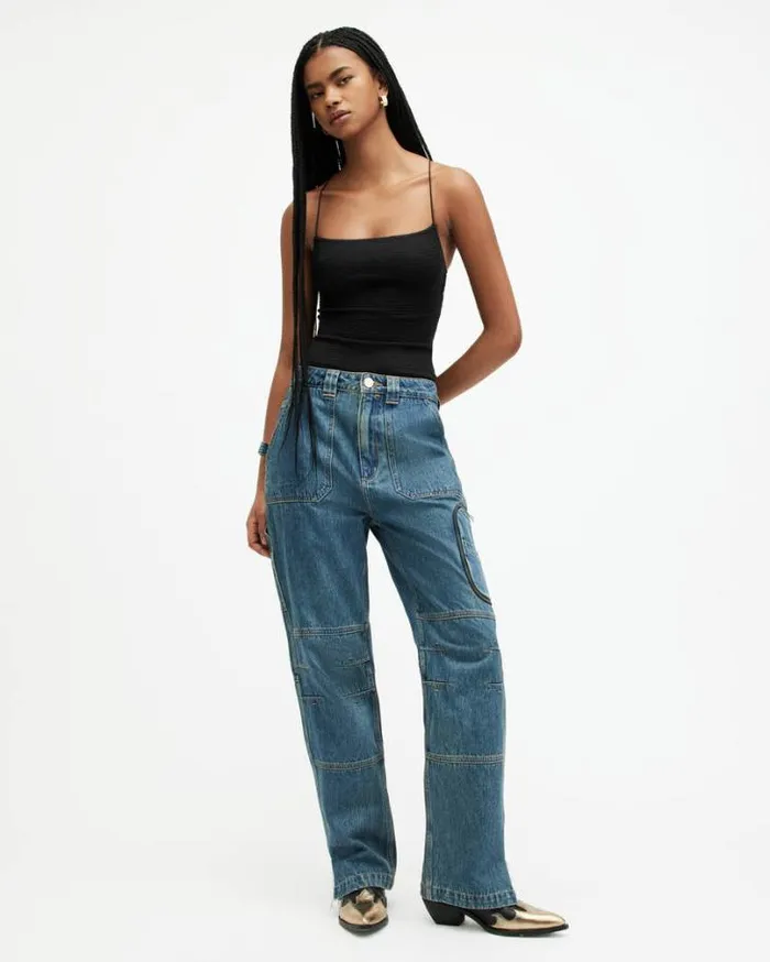 Tilly Shirred Square Neck Bodysuit Black Women AllSaints Tops and Shirts