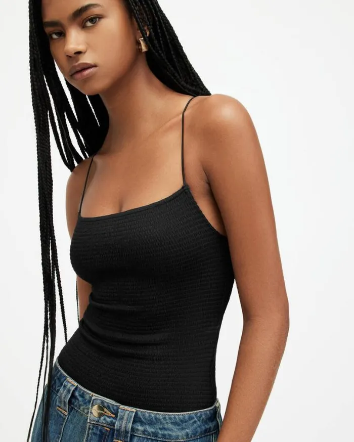 Tilly Shirred Square Neck Bodysuit Black Women AllSaints Tops and Shirts