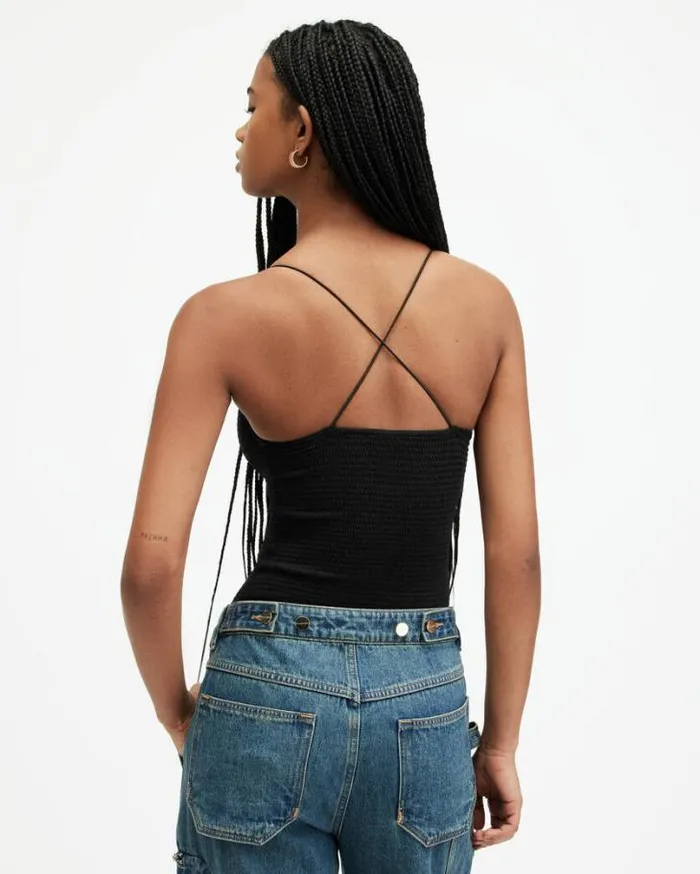 Tilly Shirred Square Neck Bodysuit Black Women AllSaints Tops and Shirts
