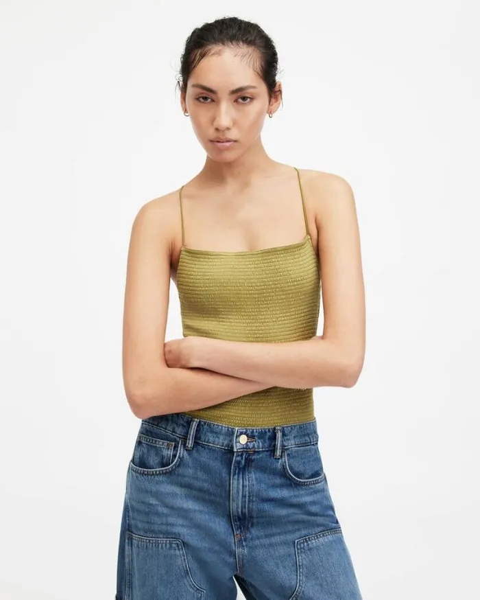 Tilly Shirred Square Neck Bodysuit Sap Green Women AllSaints Tops and Shirts