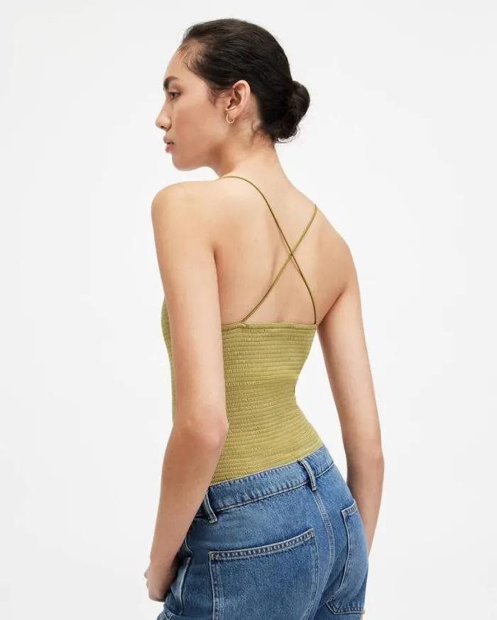 Tilly Shirred Square Neck Bodysuit Sap Green Women AllSaints Tops and Shirts Tilly Shirred Square Neck Bodysuit Sap Green Women AllSaints Tops and Shirts