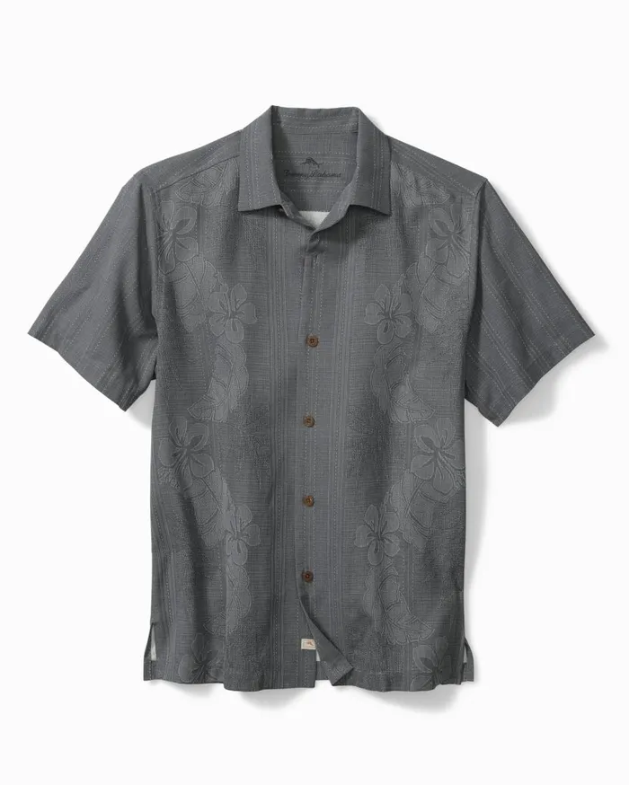 Tommy Bahama Big and Tall Hawaiian Herringbone Camp Shirt Dove Grey Big and Tall Shirts