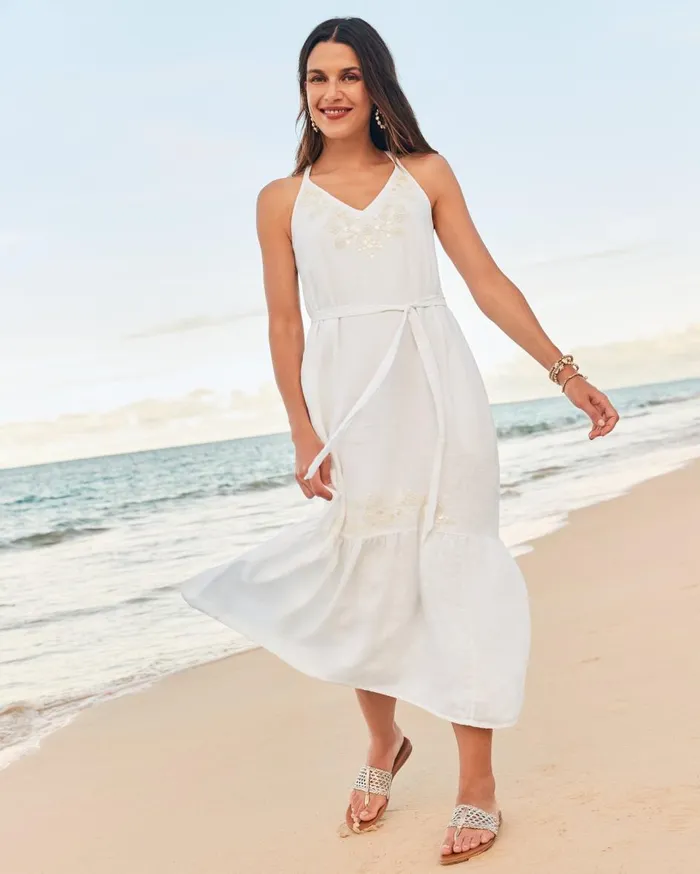 Tommy Bahama Coastalina Embroidered Linen Maxi Sundress White Women Dresses
