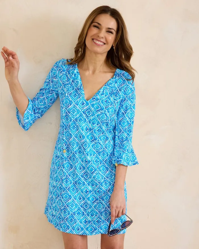 Tommy Bahama Island Cays Shell Beach FlounceSleeve Coverup Dress True Turquoise Women Dresses