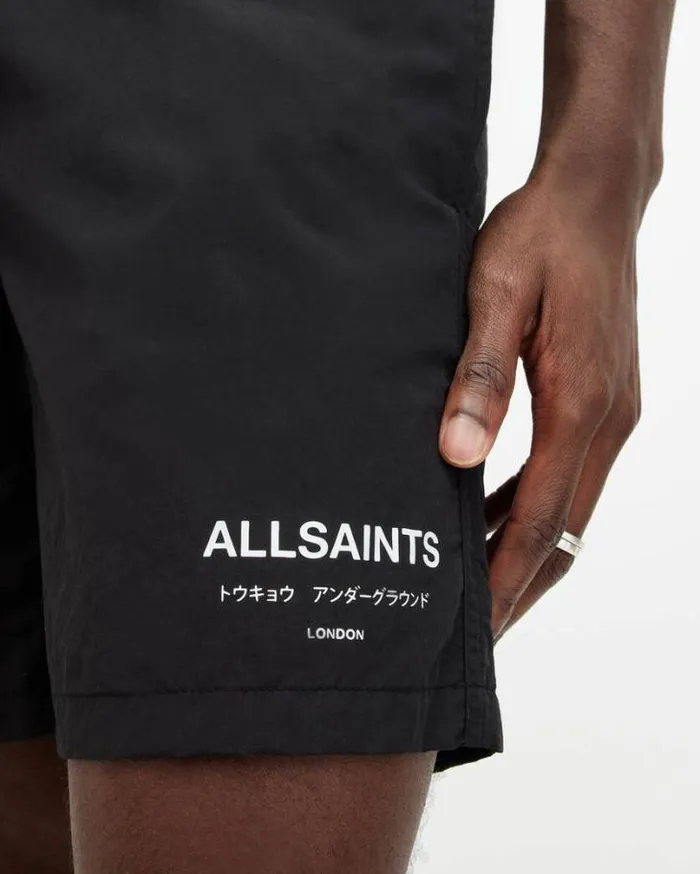 Underground Elastic Waist Logo Swimshorts Jet Black Men AllSaints Pants