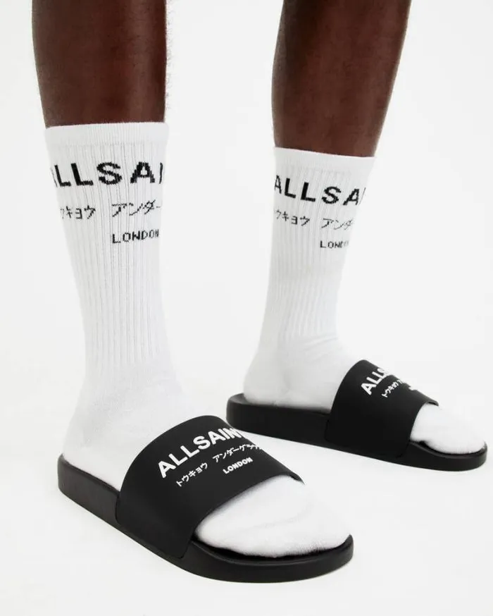 Underground Logo Slip On Slides Black Men AllSaints Shoes and Boots