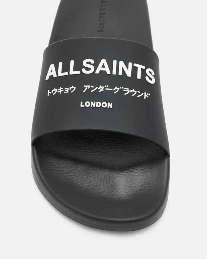 Underground Logo Slip On Slides Black Men AllSaints Shoes and Boots